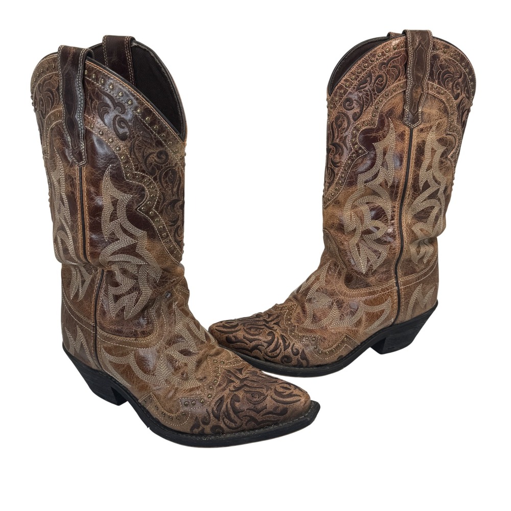 Laredo Western Cowboy Boots Leather Laser Cut Filigree Brown Women 10 Snip Toe